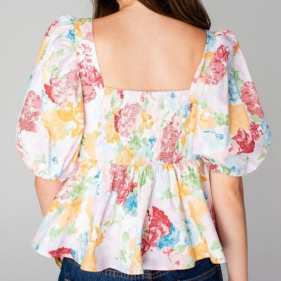 BuddyLove Alana Puff Sleeve Peplum Top - Carnation - Picture 2 of 6